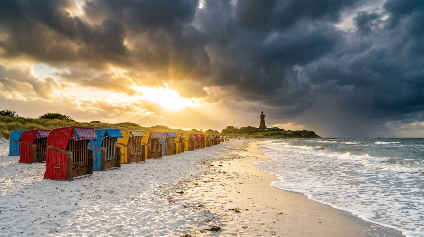 Sonnenuntergang am Strand auf Fehmarn mit bunten Strandkörben